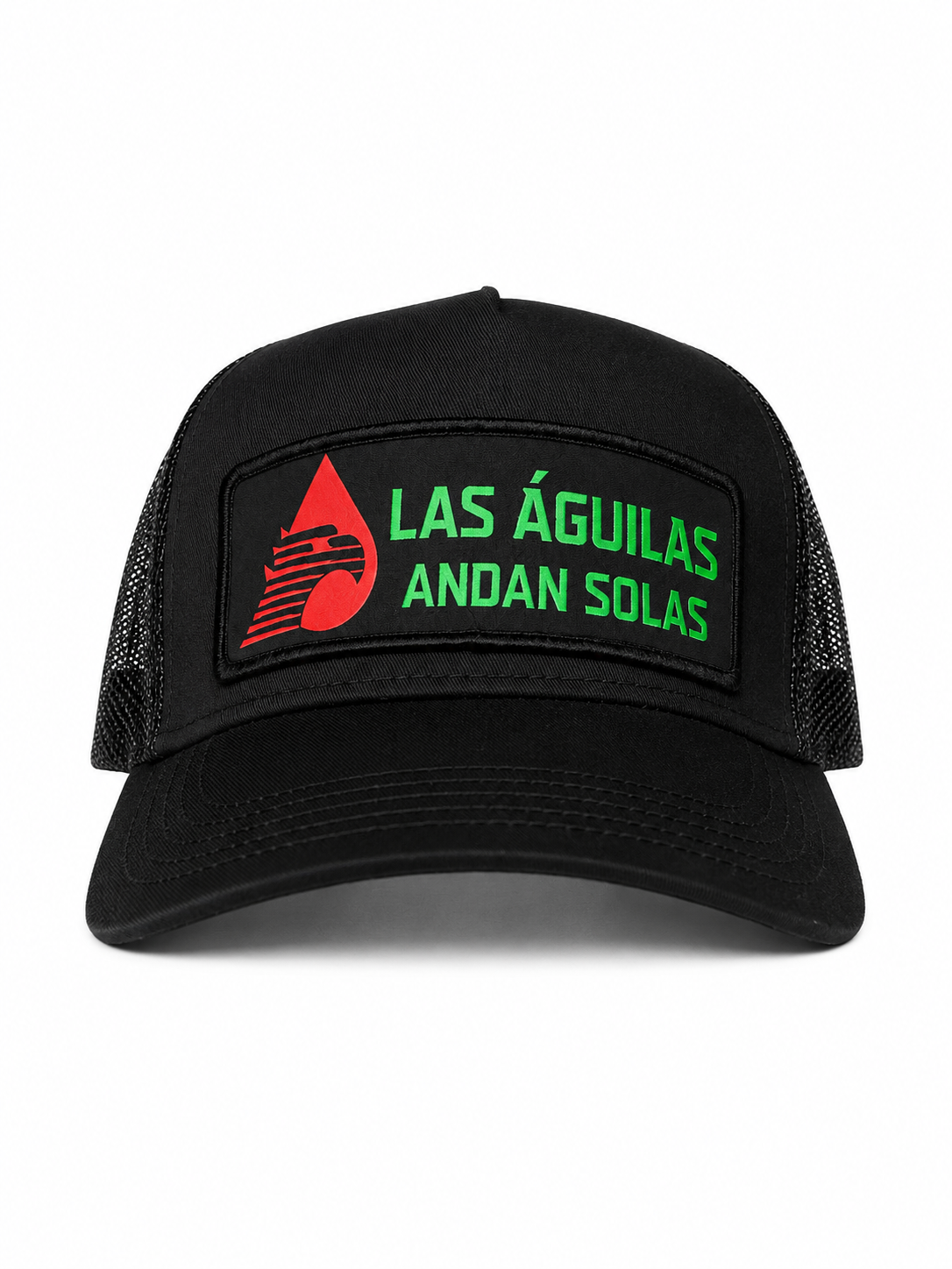 Las Águilas Andan Solas Woven Patch Trucker Hat – Black Snapback