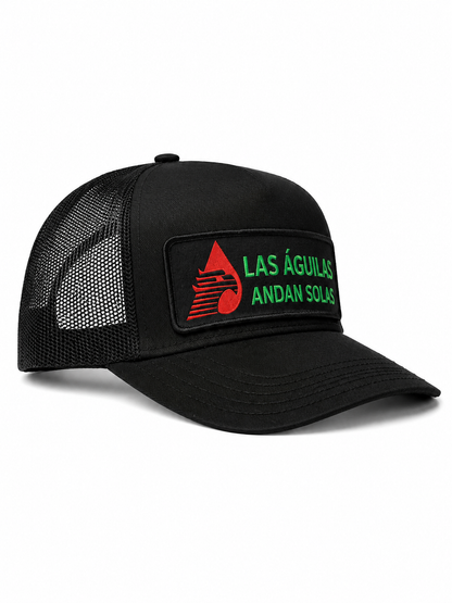 Las Águilas Andan Solas Woven Patch Trucker Hat – Black Snapback