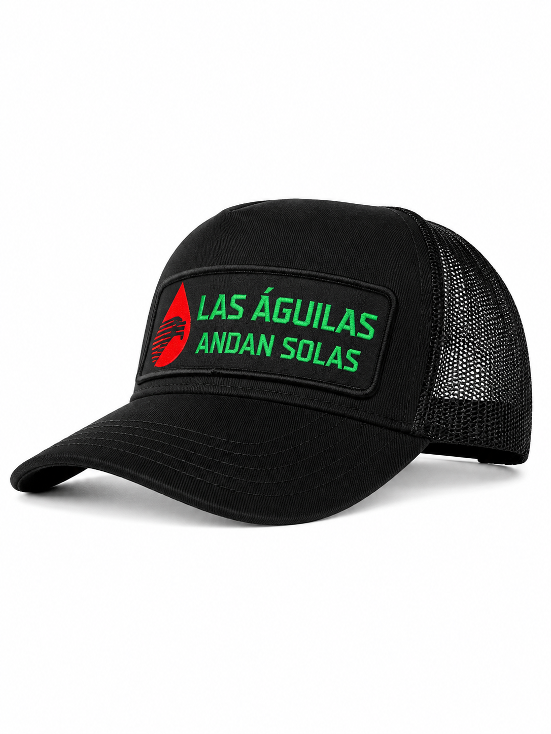 Las Águilas Andan Solas Woven Patch Trucker Hat – Black Snapback