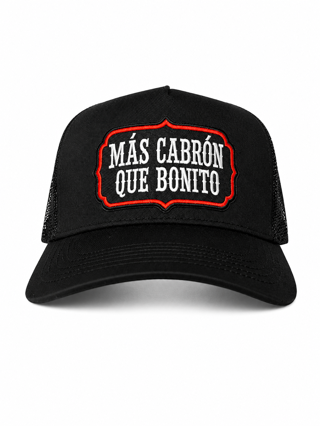 Más Cabrón Que Bonito Embroidered Patch Trucker Hat – Black & Red