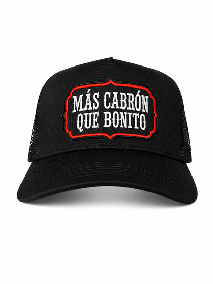 Más Cabrón Que Bonito Embroidered Patch Trucker Hat – Black & Red