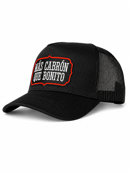 Más Cabrón Que Bonito Embroidered Patch Trucker Hat – Black & Red
