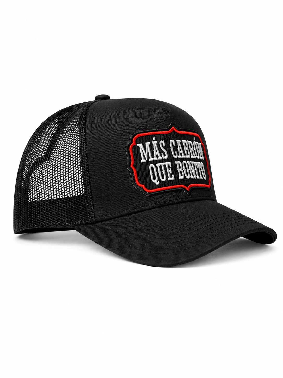 Más Cabrón Que Bonito Embroidered Patch Trucker Hat – Black & Red