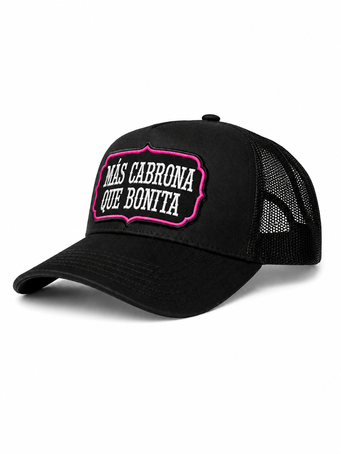 Mas Cabrona Que Bonita Patch Trucker Hat – Black & Pink