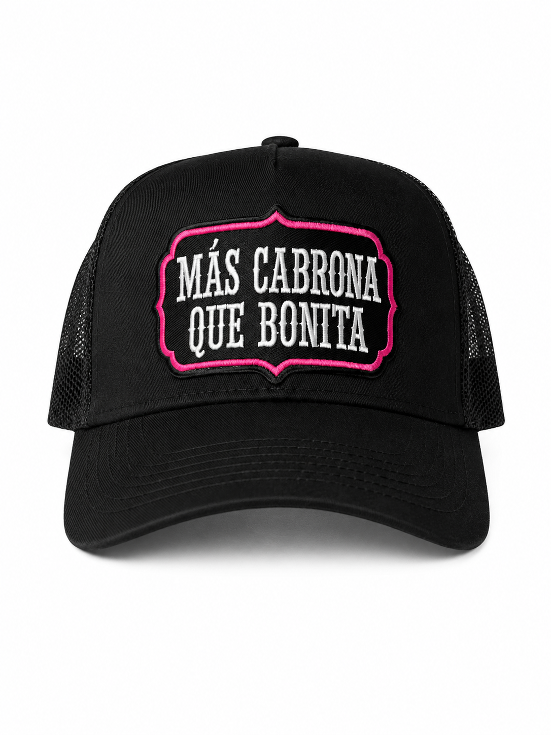 Mas Cabrona Que Bonita Patch Trucker Hat – Black & Pink