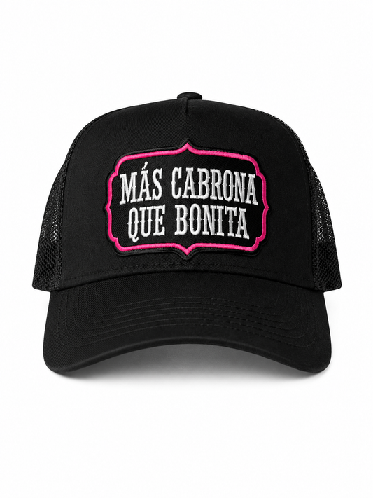 Mas Cabrona Que Bonita Patch Trucker Hat – Black & Pink